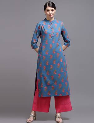 Women blue printed cotton kurta 1