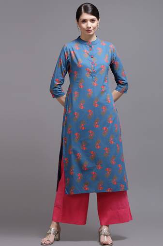 Women blue printed cotton kurta