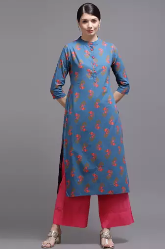 Women blue printed cotton kurta