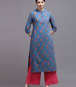 Women blue printed cotton kurta