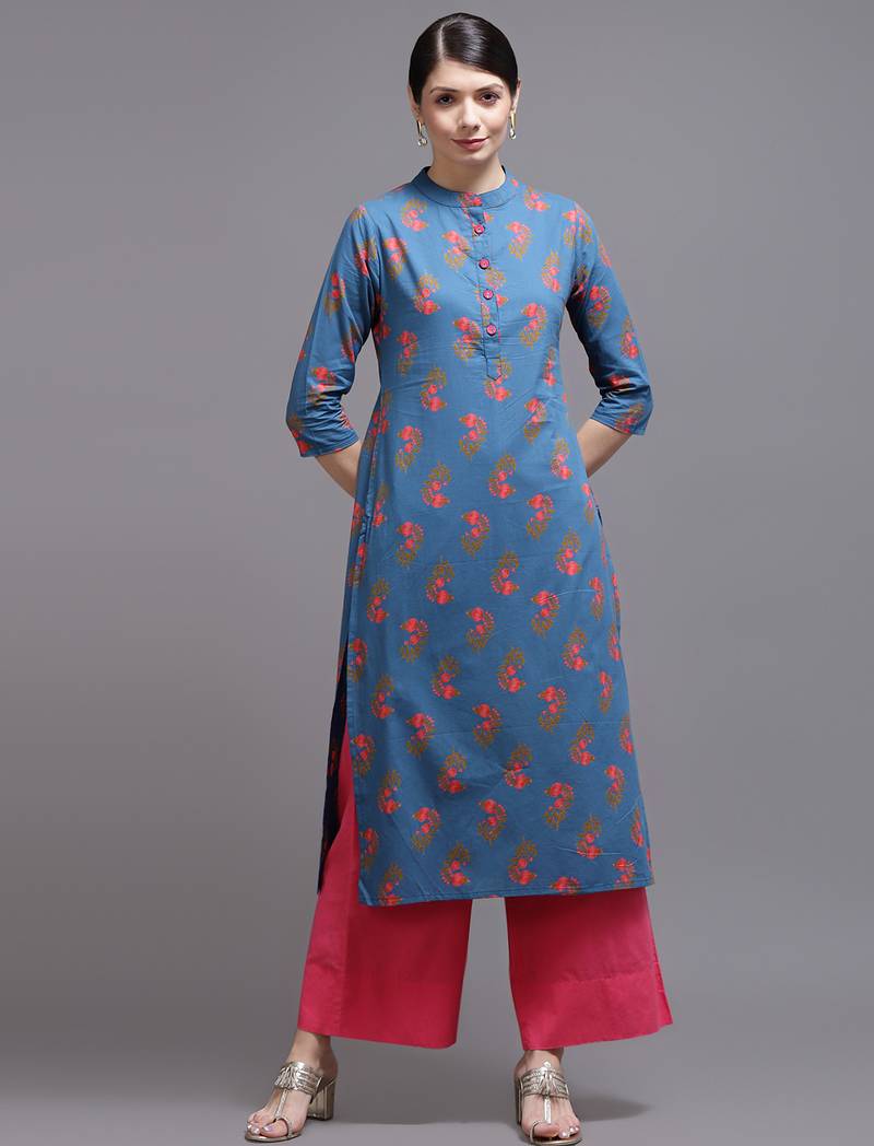Women blue printed cotton kurta