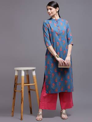 Women blue printed cotton kurta 2