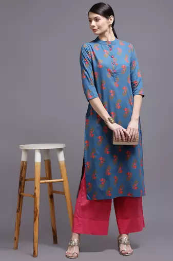 Women blue printed cotton kurta