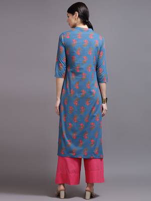 Women blue printed cotton kurta 3