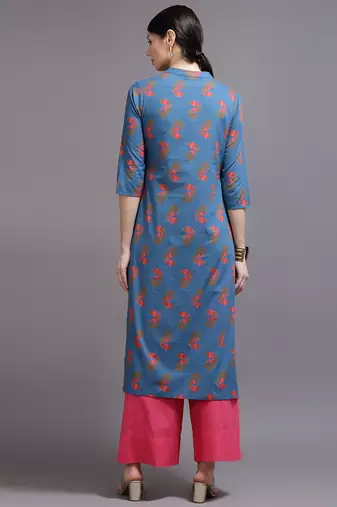 Women blue printed cotton kurta
