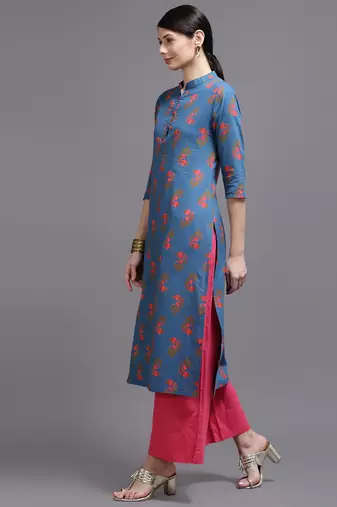 Women blue printed cotton kurta
