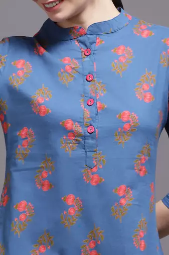 Women blue printed cotton kurta