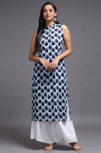 Women blue printed rayon kurta