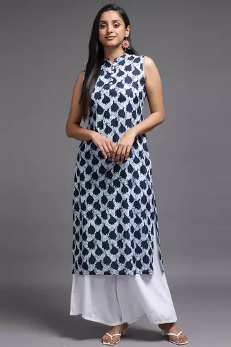 Women blue printed rayon kurta
