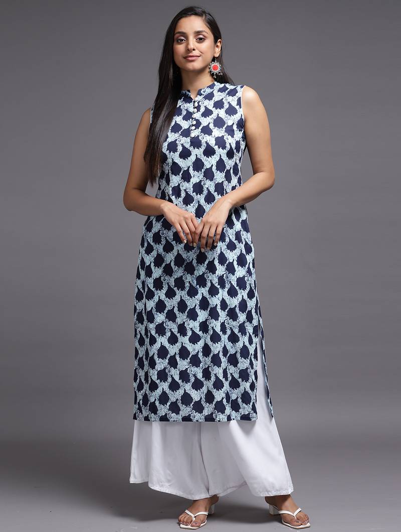 Women blue printed rayon kurta
