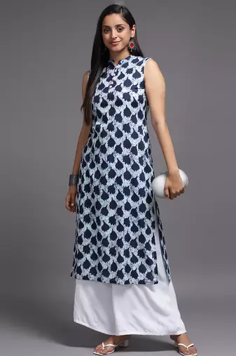 Women blue printed rayon kurta