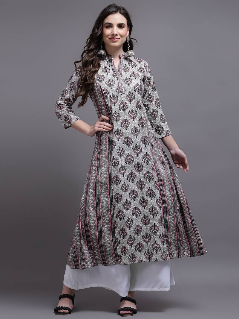 Women pink printed cotton kurta