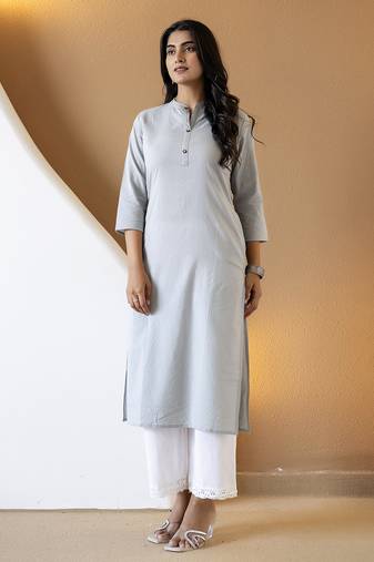 Women grey plain katha kurta