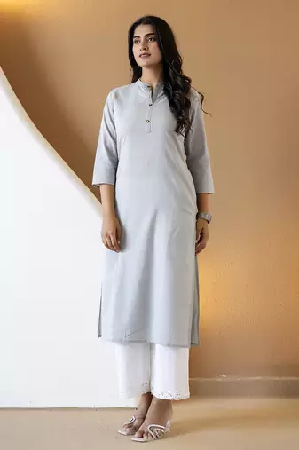 Women grey plain katha kurta