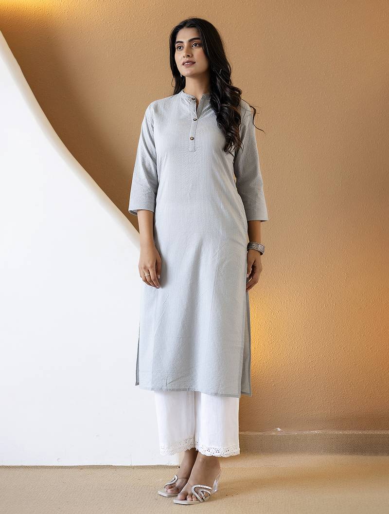 Women grey plain katha kurta