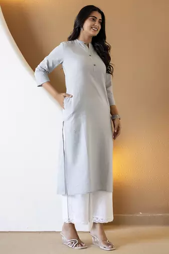 Women grey plain katha kurta