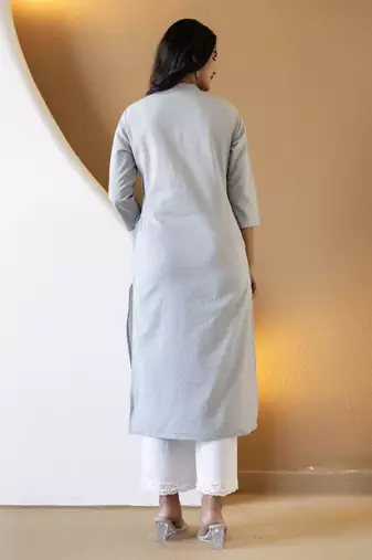 Women grey plain katha kurta
