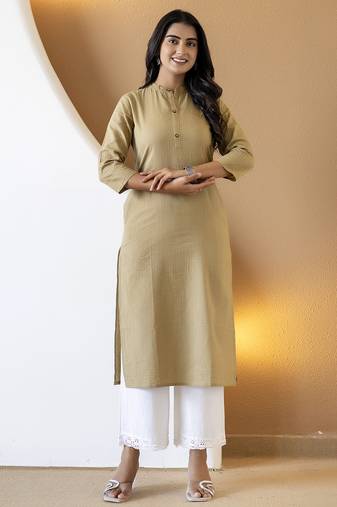 Women beige plain katha kurta