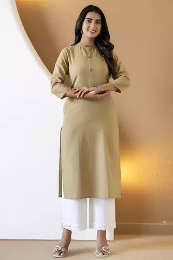 Women beige plain katha kurta