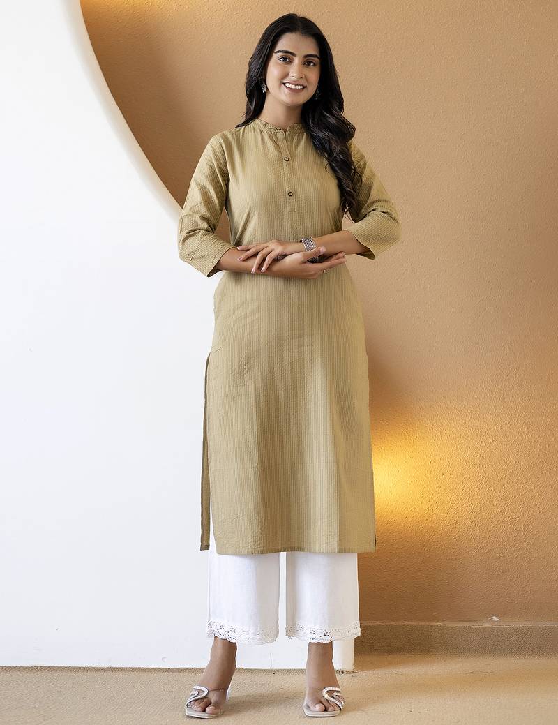 Women beige plain katha kurta