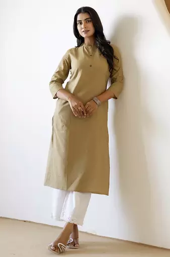 Women beige plain katha kurta
