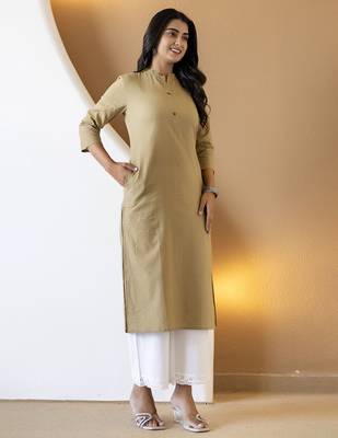 Women beige plain katha kurta 3