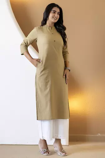 Women beige plain katha kurta