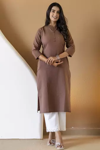 Women brown plain katha kurta