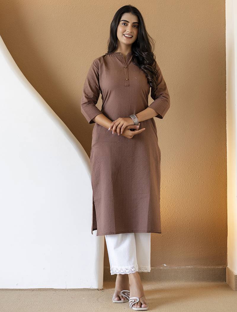 Women brown plain katha kurta