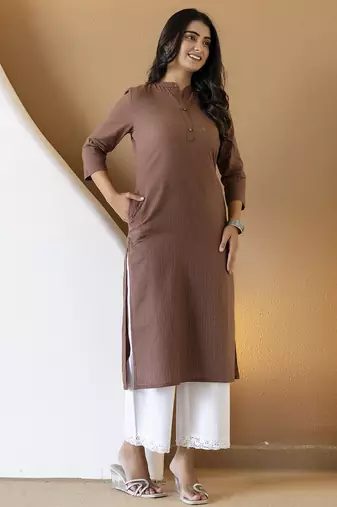 Women brown plain katha kurta