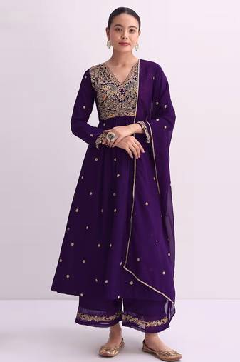 Purple embroidered vichitra semi-stitched anarkali suit