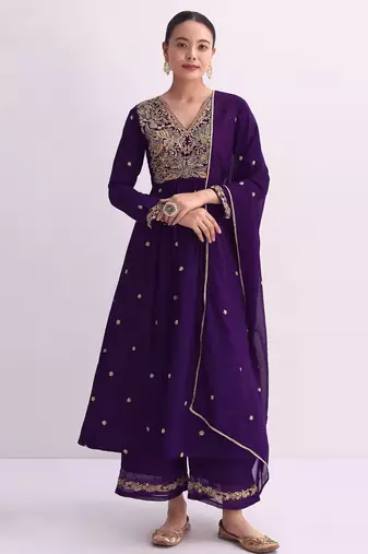 Purple embroidered vichitra semi-stitched anarkali suit