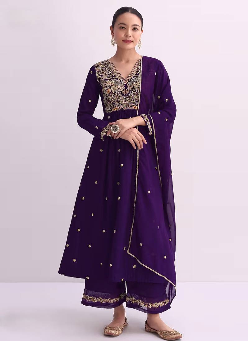 Purple embroidered vichitra semi-stitched anarkali suit