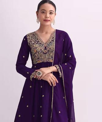 Purple embroidered vichitra semi-stitched anarkali suit 2