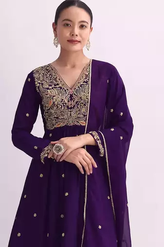 Purple embroidered vichitra semi-stitched anarkali suit