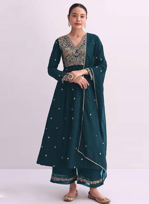 Teal embroidered vichitra semi-stitched anarkali suit 1