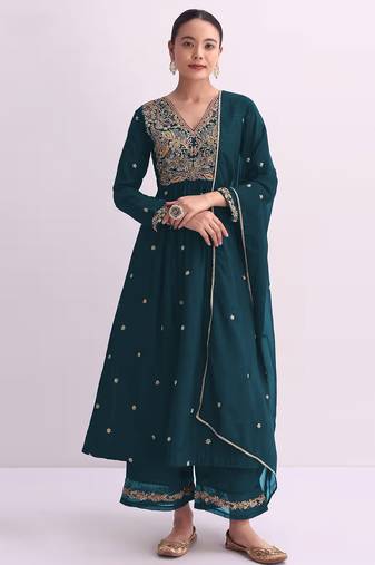 Teal embroidered vichitra semi-stitched anarkali suit