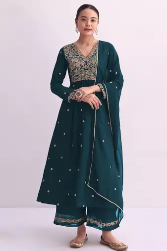 Teal embroidered vichitra semi-stitched anarkali suit