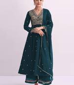Teal embroidered vichitra semi-stitched anarkali suit