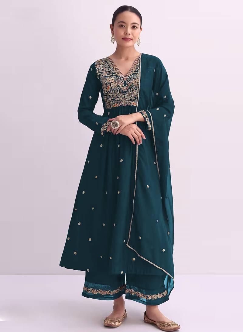 Teal embroidered vichitra semi-stitched anarkali suit