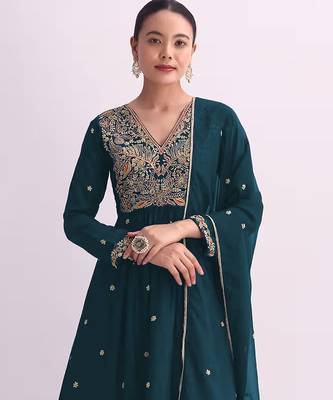 Teal embroidered vichitra semi-stitched anarkali suit 2