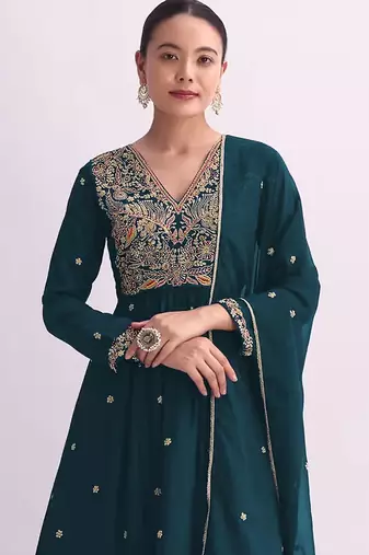 Teal embroidered vichitra semi-stitched anarkali suit