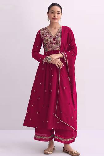 Red embroidered vichitra semi-stitched anarkali suit