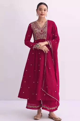 Red embroidered vichitra semi-stitched anarkali suit