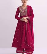 Red embroidered vichitra semi-stitched anarkali suit