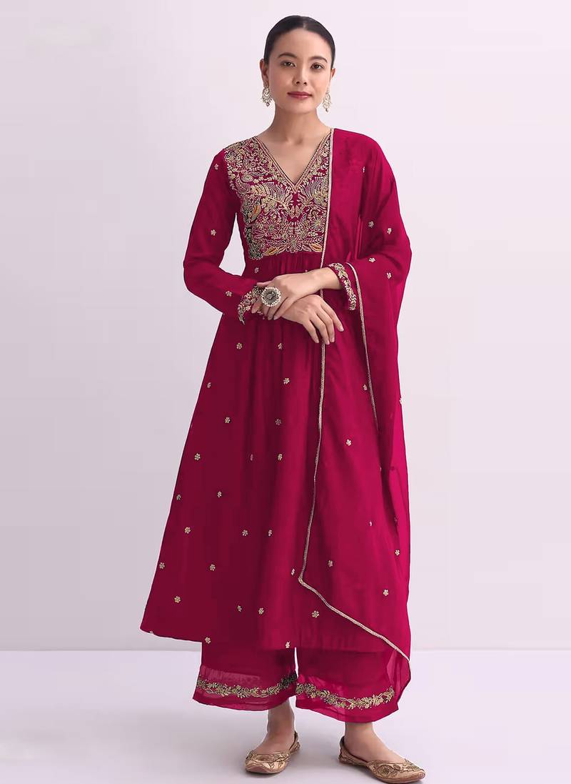 Red embroidered vichitra semi-stitched anarkali suit