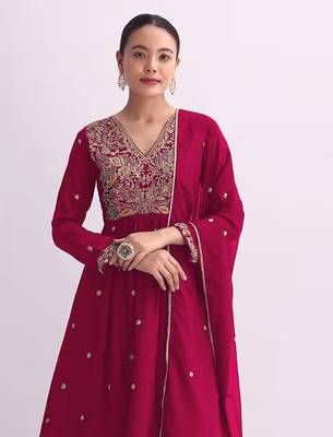 Red embroidered vichitra semi-stitched anarkali suit 2