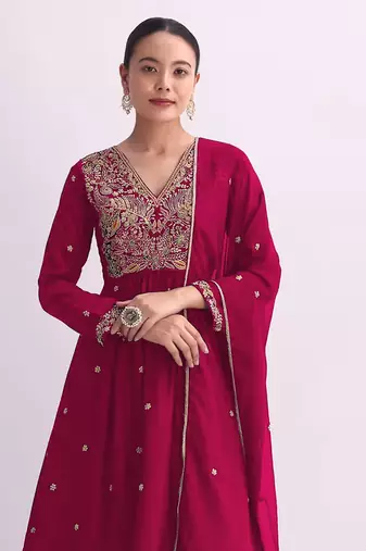 Red embroidered vichitra semi-stitched anarkali suit