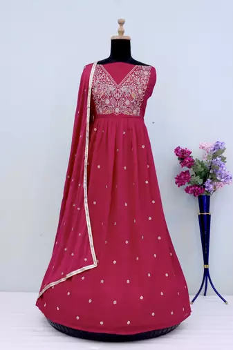 Red embroidered vichitra semi-stitched anarkali suit