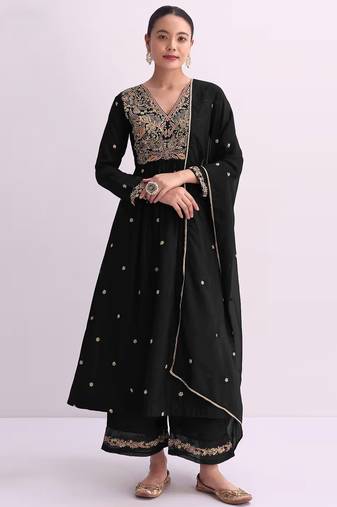Black embroidered vichitra semi-stitched anarkali suit